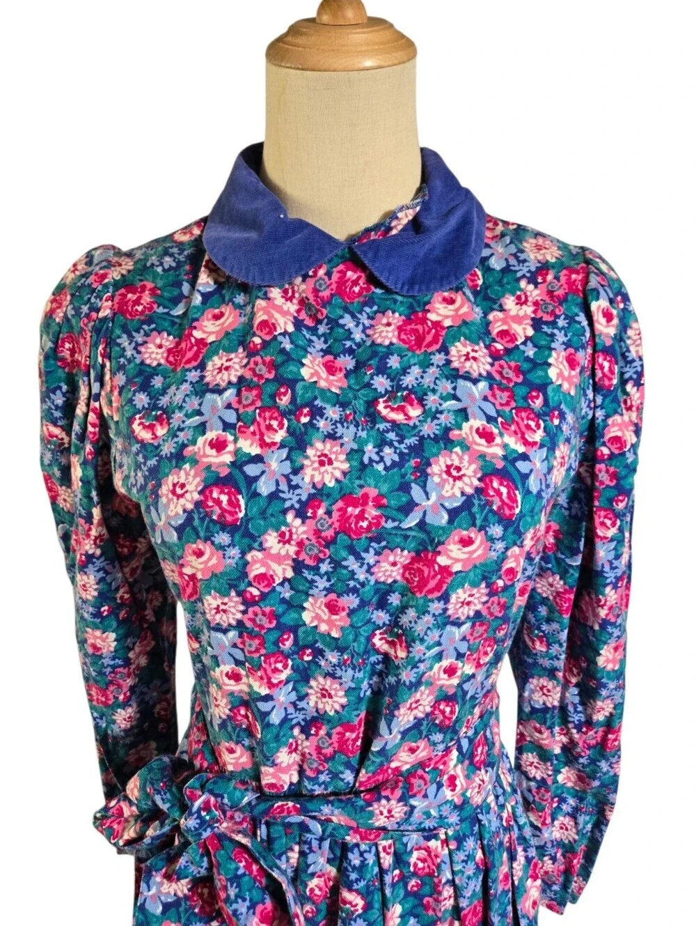 Laura Ashley Vintage Blue Floral Long Sleeve Midi Dress with Corduroy Collar